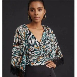 Anthropologie Green Wrap Top, Lace Trim (NWOT)